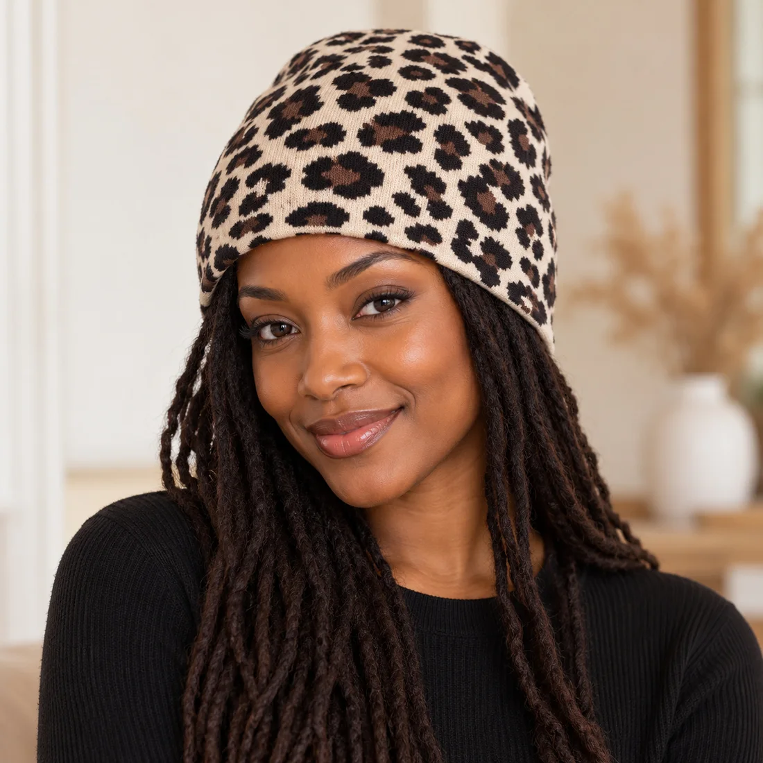 Bonnet léopard beanie crème · porté par une femme