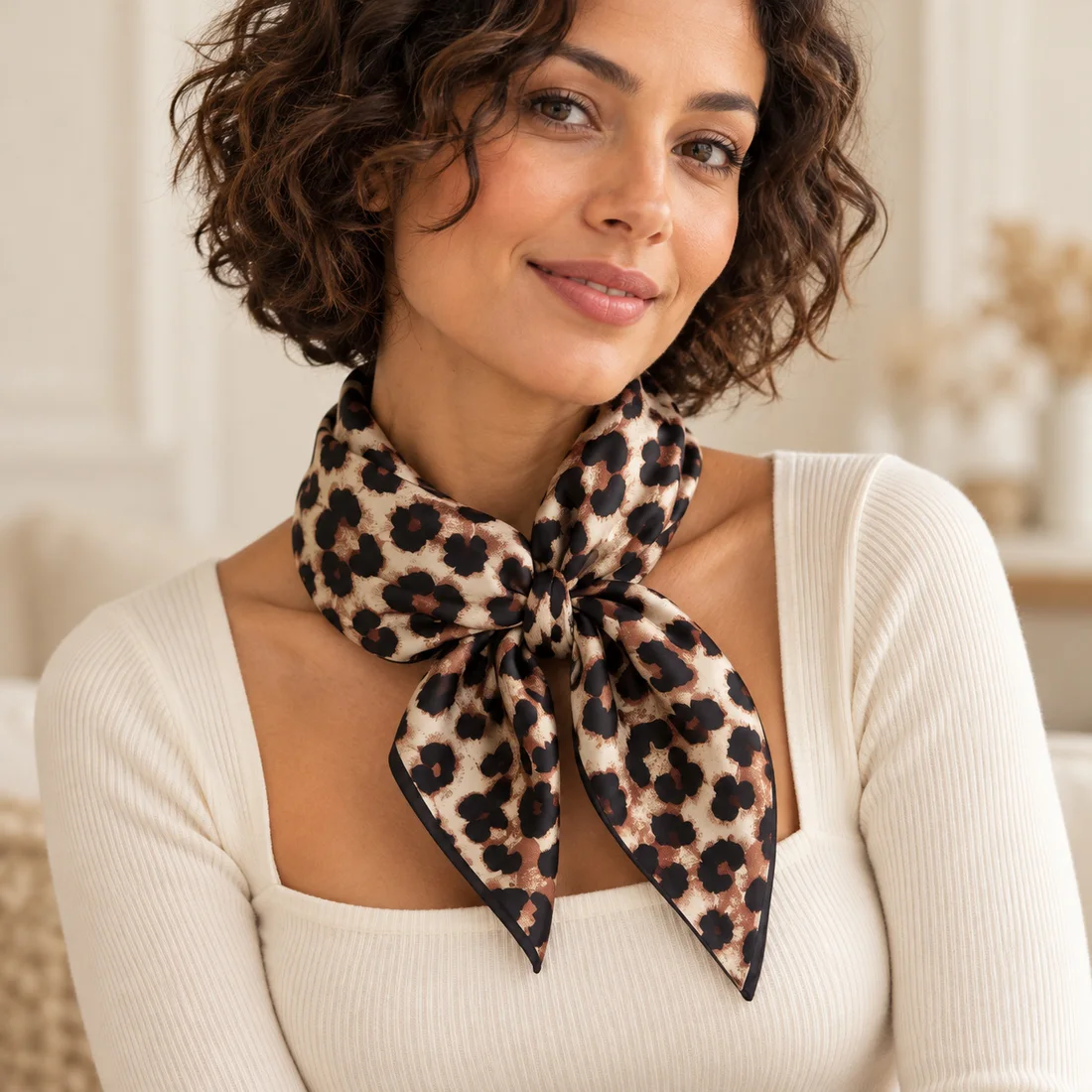 Foulard léopard carré crème · porté par une femme