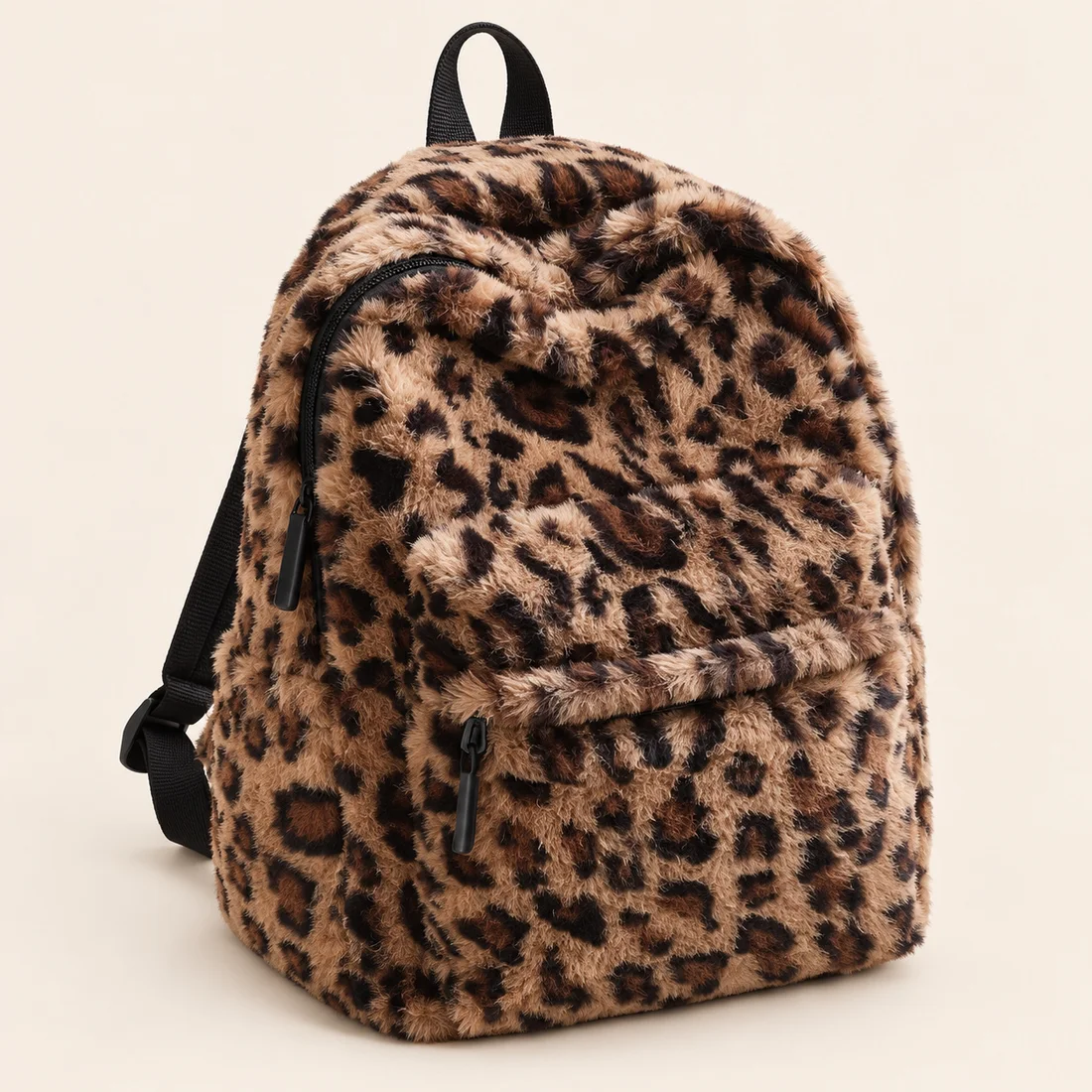 Sac à dos léopard peluche · vue de trois quarts