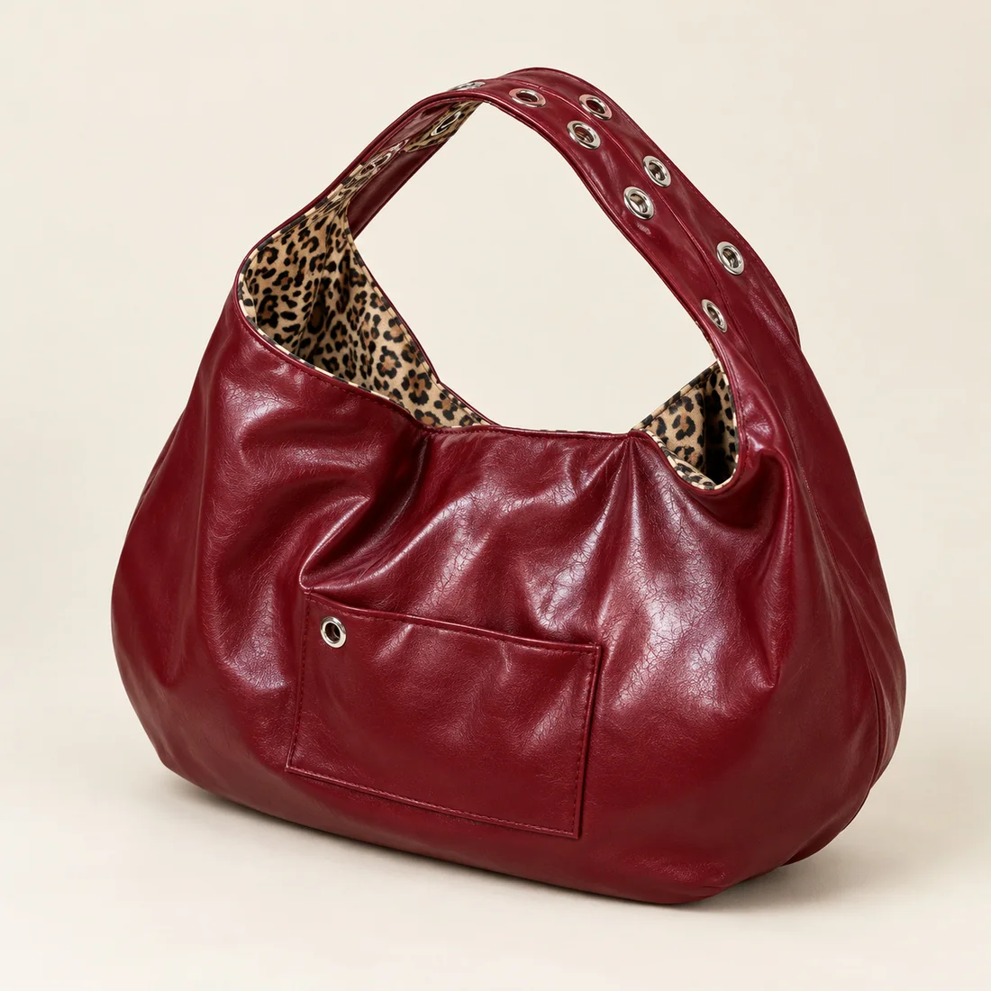 Sac bordeaux double face léopard · vue de trois quarts